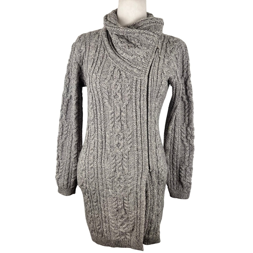 The Irish Store Sweater Womens Small Wool Aran Fisherman Long Cable Knit Gray
